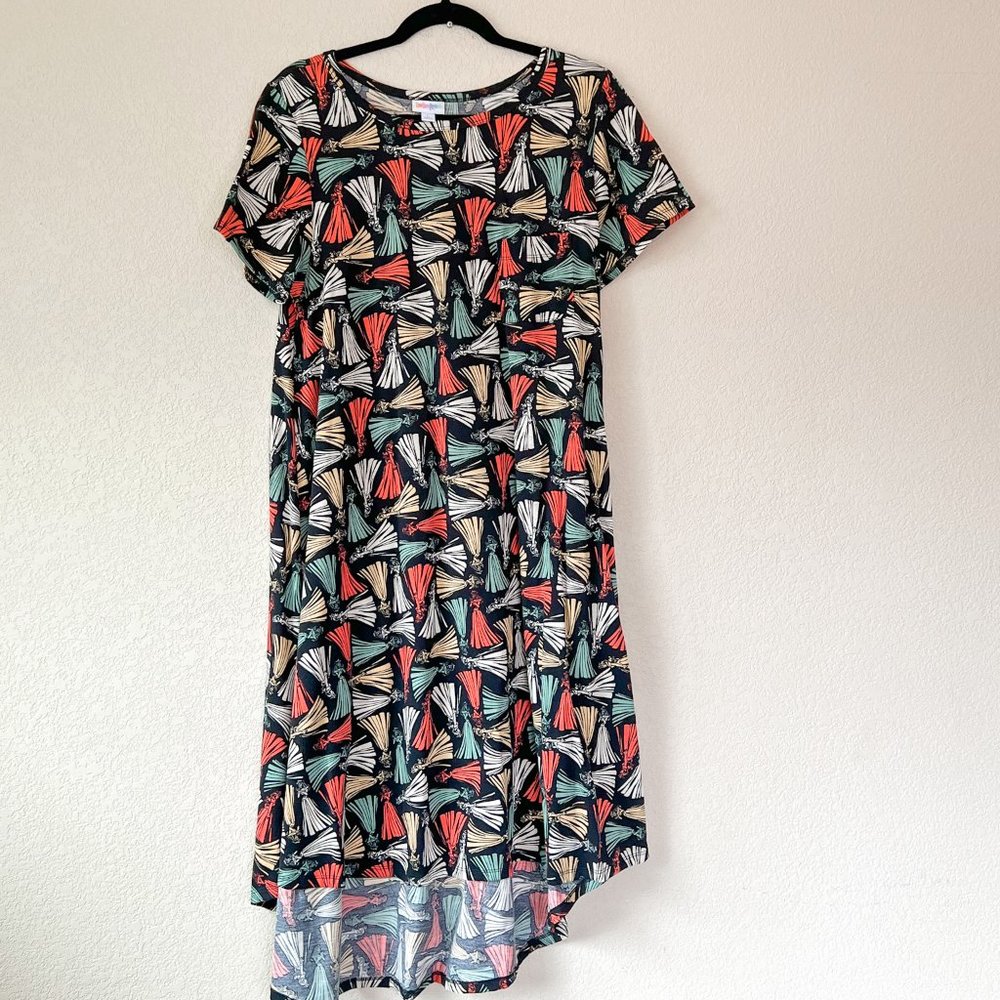 LuLaRoe Black High-Low Dress with Coral, Teal & Cream Fans